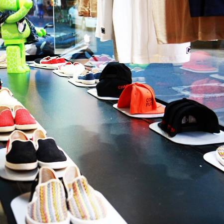 潮鞋&潮帽放置于橱窗内的圆盘式动态展示台上展示